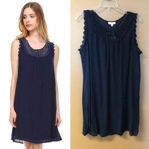 Navy Gauze Dress With Lace Neckline